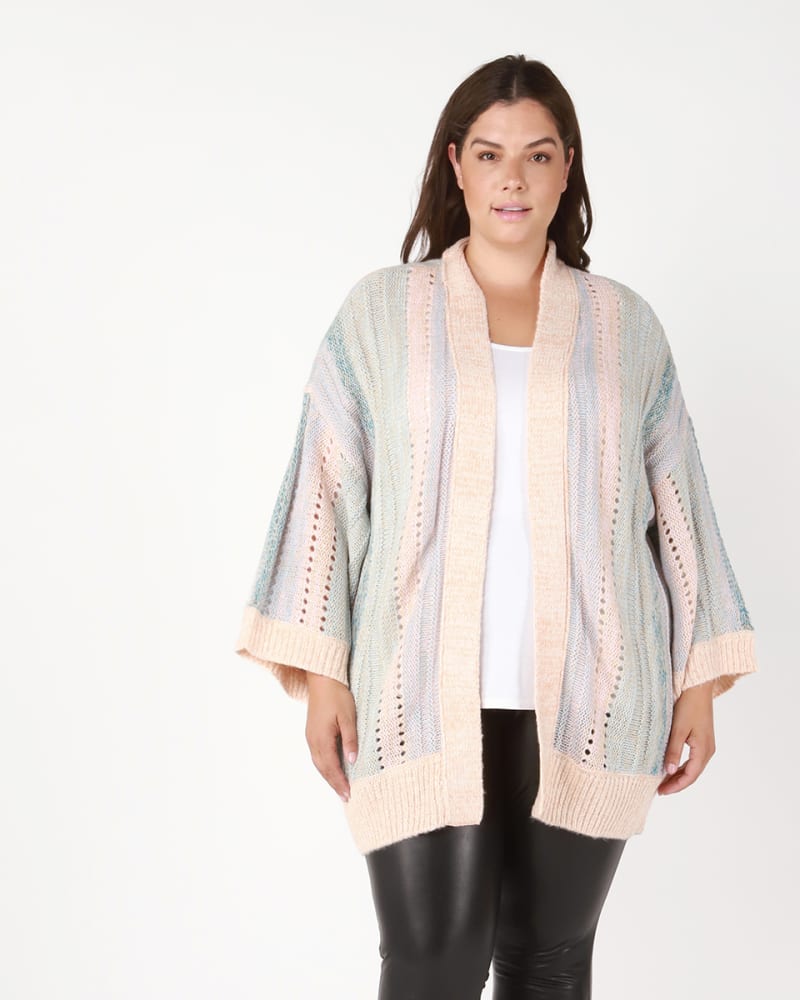 Front of a model wearing a size 0X Kynlee Kimono Sleeve Cardigan in Mint / Light Yellow by DEX PLUS. | dia_product_style_image_id:235436
